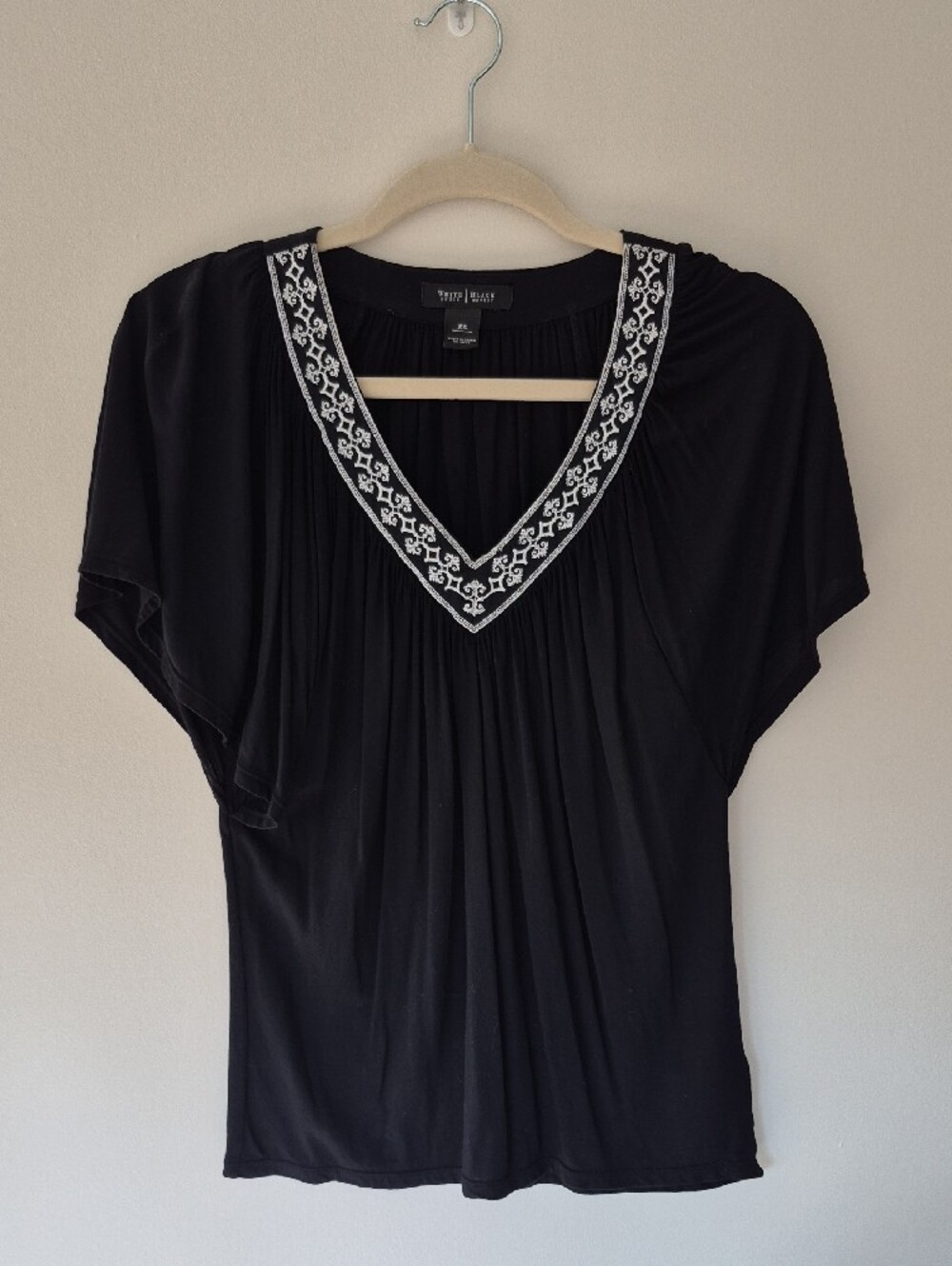 Black V-Neck Top with White Embroidered Trim